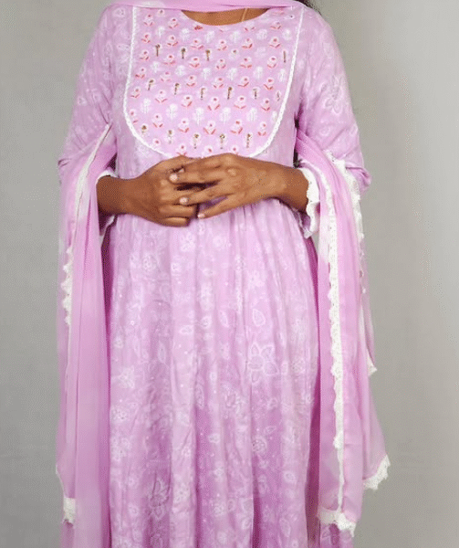 Lilac Anarkali Set with Printed Yoke and Lace
