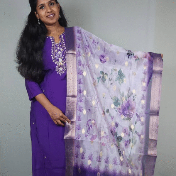 Purple Silk Cotton Kurta Set with Floral Organza Silk Dupatta