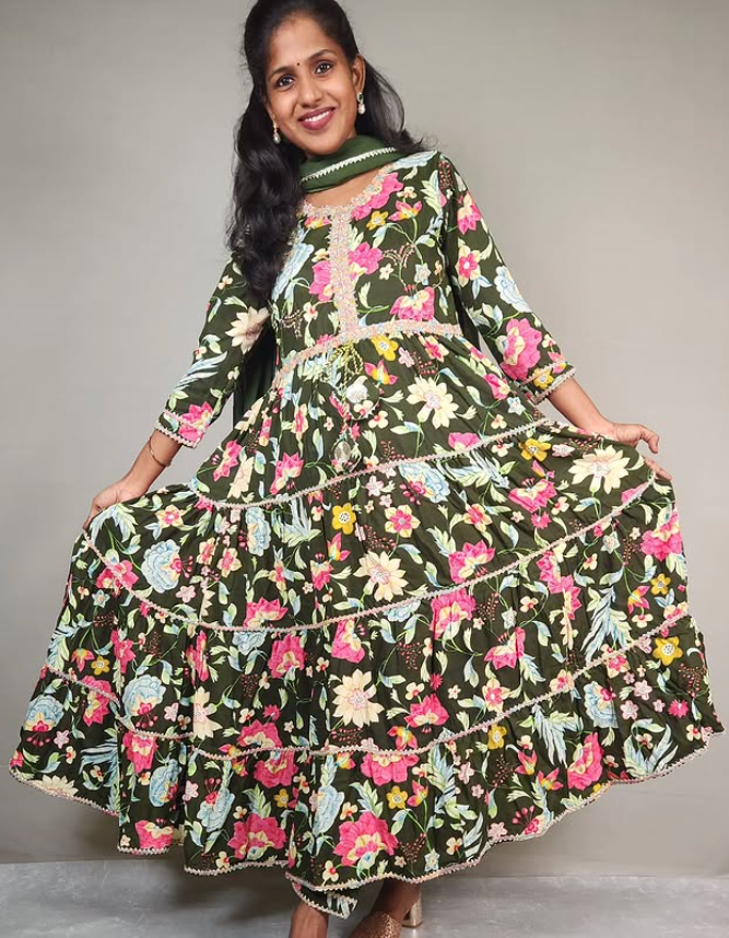 green Anarkali floral