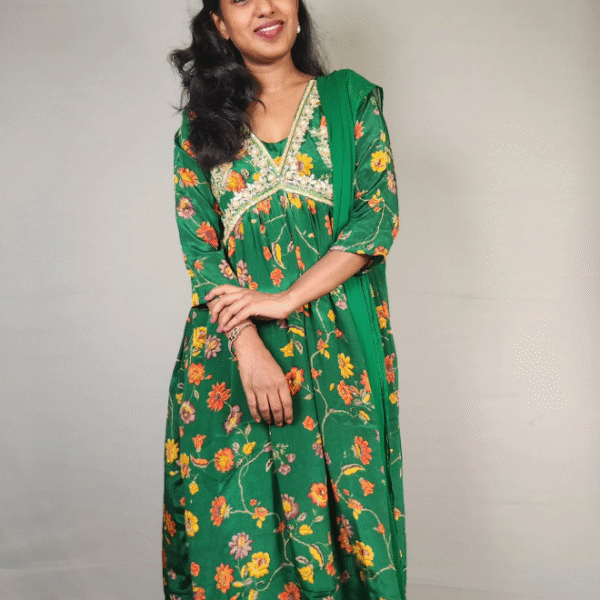 Floral Print Chinon Alia Cut Suit with Handwork